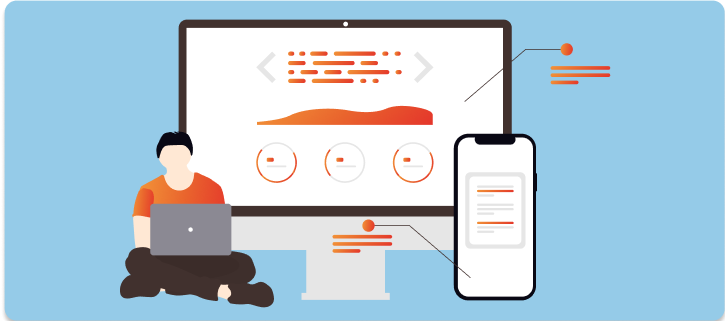 중앙 뒤에 데이터를 차트로 표시한 화면이 나오는 모니터, 좌측은 사람이 바닥에 앉아서 노트북 사용, 오른쪽은 터치패드 휴대폰으로 데이터 연동 화면.